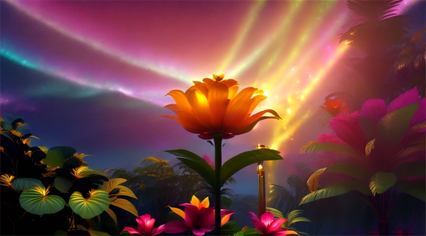 Nestled in a mystical tropical rain-forest with a Gold standing tall Krishna statue surrounded by glowing hibiscus flowers, lotus and varieties of colorful tropical flowers with tropical plants. Beautiful golden footpaths curve around colorful tropical flower gardens with glowing hibiscus flowers, lotus and a gold standing tall Krishna statue  with varieties of colorful tropical flowers with tropical plants. Neon Aurora Borealis in the sky.