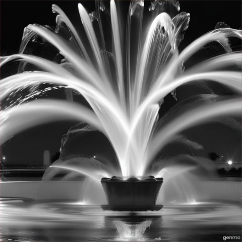 fountain jets: water illuminated by sunlight, splashes beautifully, intertwining and dissolving in space, black background, black-and-white image, front camera, the frame does not crop the image, ar 16:9