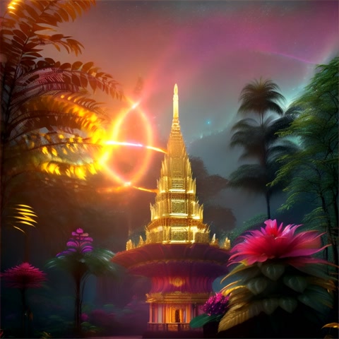 Shiva standing up as a Gold temple nestled in a mystical tropical rain-forest with surrounded by glowing hibiscus flowers, lotus and varieties of colorful tropical flowers with tropical plants. Beautiful golden footpaths curve around varieties of colorful tropical flowers with tropical plants. Neon Aurora Borealis in the sky.
