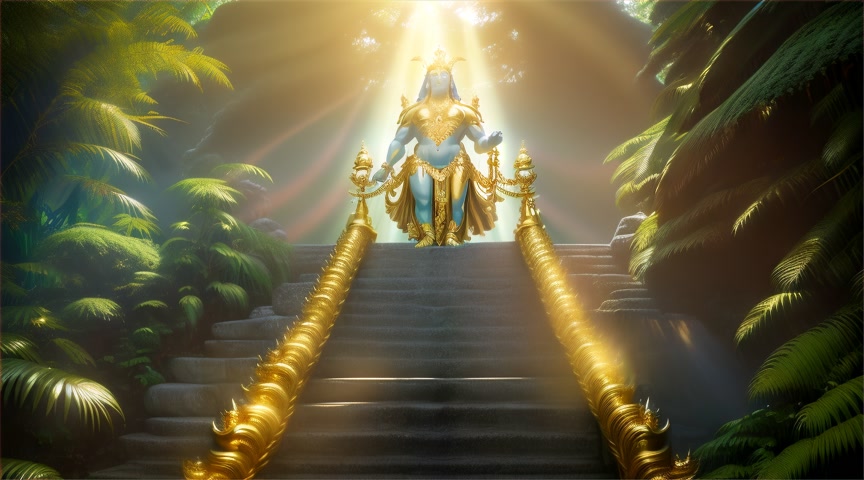 View at a distance, Focused on Gold male bejeweled god king Shiva wearing gold shoes. Shiva holding a pitch fork trident as he walks down stairs in a tropical rainforest. Shiva walks down stairs.