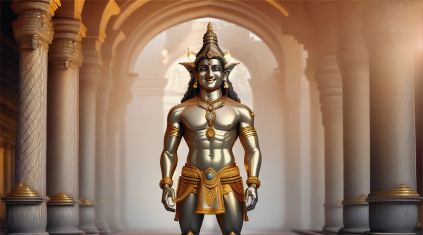 View from a distance, bejeweled smiling male gold king lord hindu Shiva salsa dancing on a concrete footpath. Shiva wearing gold shoes Salsa dancing.