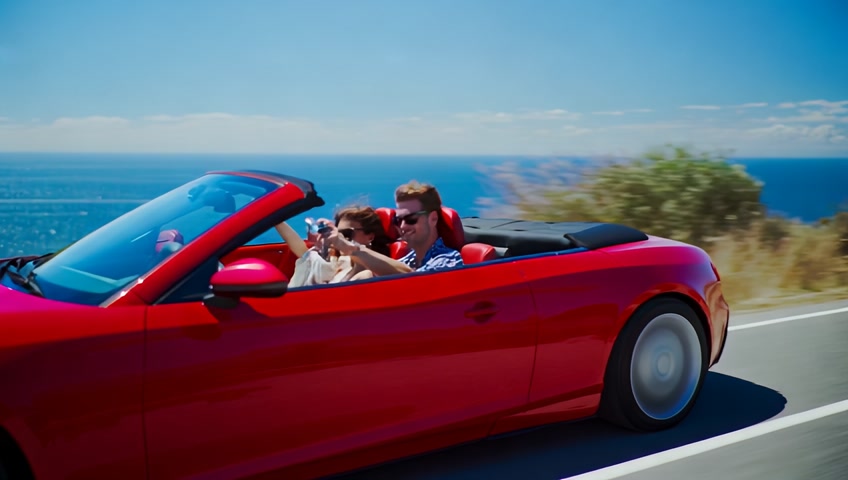 red convertible. man driving, woman passenger.
