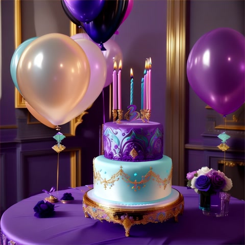 Create an elegant and luxurious brilliant purple and teal birthday cake with beautiful pearlized purple and teal balloons designer style in a opulent space of splendor