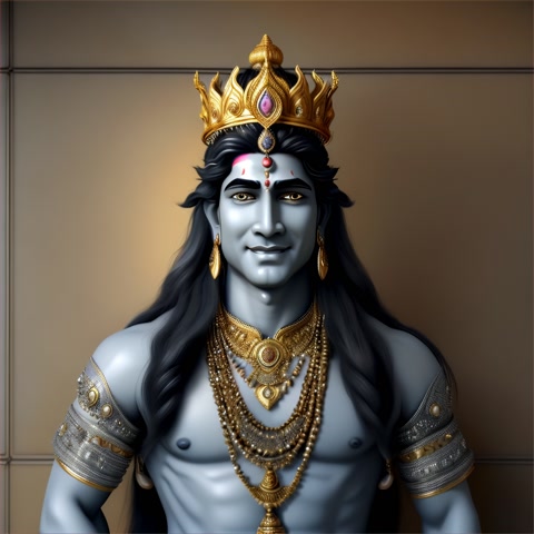 View from a far distance - bejeweled crown and necklaces, smiling, skin colour ash grey, male long hair, male, king lord hindu Shiva dancing flamenco on a concrete floor. Strong naked bejeweled male Lord Shiva as with coloured grey naked skin, flamenco dancing with golden shoes on a concrete floor. Dancing flamenco