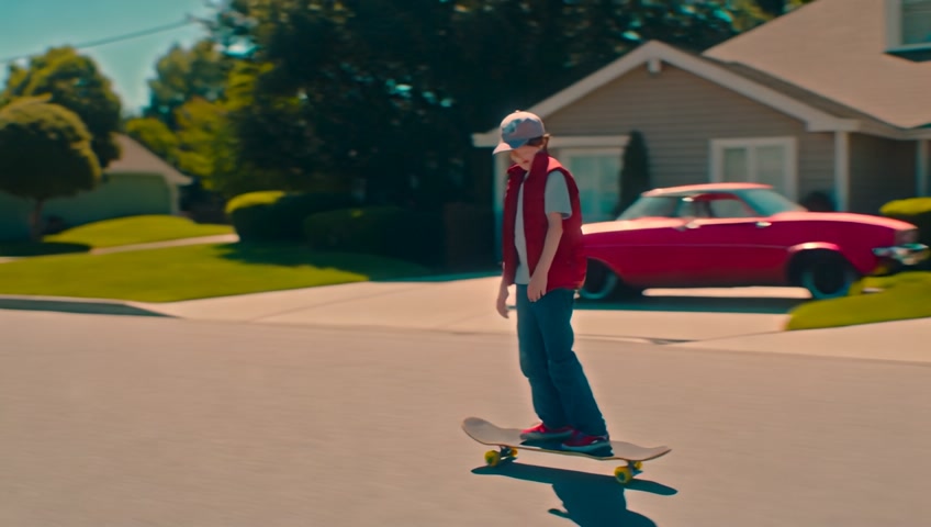 ein junge namens Marty McFly hat eine rote Weste an, blauen jeans, und eine cap auf, und fährt mit einem skateboard auf der Straße in einem amerikanischen sauberen Wohnviertel der 90er jahre