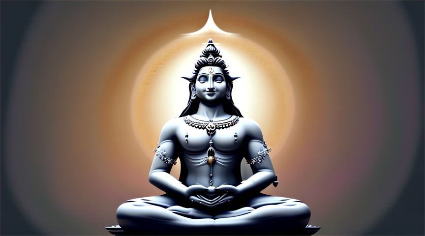 Lord Shiva sits upon a enormous lotus flower. His ash-gray skin tattooed with glowing sacred symbols. Matted hair holds a crescent moon and flows. A glowing third eye gem marks his forehead. Shiva waves his hand at the viewer.