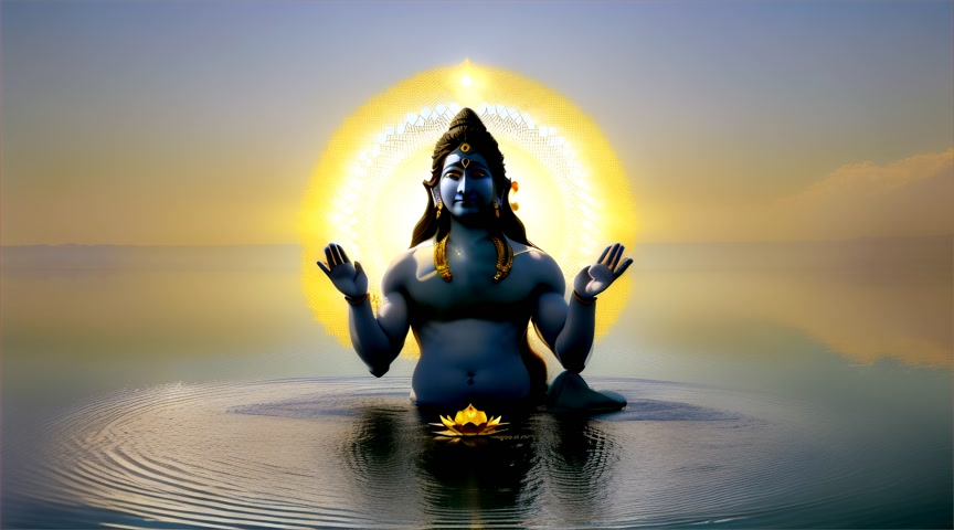 View from a far distance On a lotus lake on a bright sunny day -  Lord Shiva moves his glowing magical hand up giving a high five to the viewer. Shiva opens his eyes. His ash-gray skin tattooed with glowing golden sacred symbols. Matted hair holds a crescent moon and flows. Shiva faces the viewer with a glowing blue gem marking his third eye.