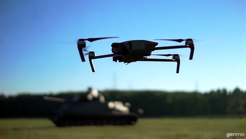 Un dron sobrevolando un tanque