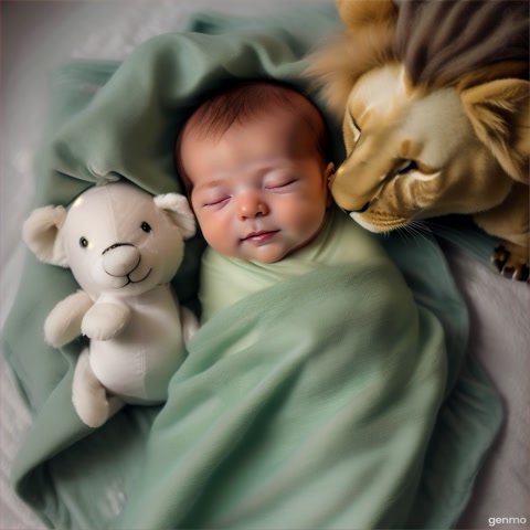 Newborn kid wrapped in green clothe smiling lying with real lion