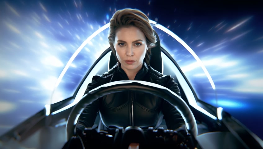 [Tracking shot][Zoom in]Hyperfast. Ultrafine Cinematic, focused imagery, romantic--10s
Ultrafine cinematic style, hyperfast tracking shot zooming out  a captivating 40-year-old mixed heritage Russian-Brazilian woman piloting a a sleek spaceship aggressively pulling a flightstick futuristic aerodynamic cockpit. Her expressive face, a blend of Russian and Brazilian features, shows determination as she navigates through space. Shot lasts 10 seconds, capturing the speed and romance of her interstellar journey.