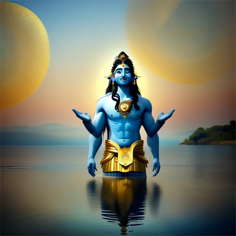 View from a far distance On a lotus lake on a bright sunny day -  lord Shiva facing the viewer. Lord Shiva moves his hand up giving a high five to the viewer. Shiva opens his eyes. His ash-gray skin tattooed with glowing golden sacred symbols. Matted hair holds a crescent moon and flows. Shiva faces the viewer with a glowing blue gem marking his third eye. Hand up