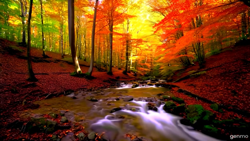 A kaleidoscope of red, orange, and yellow leaves fills the frame, as tall maple trees line both sides of a narrow, meandering creek. The water is crystal-clear, with patches of smooth stones visible beneath its surface, and fallen leaves gently float downstream. The soft murmur of the creek is accompanied by the occasional rustle of the leaves as they are caught in a gentle breeze. Shafts of warm sunlight filter through the tree canopy, casting a golden glow across the forest floor, which is covered in a thick layer of leaves. Birds chirp in the distance, adding a subtle soundtrack to the vibrant, yet peaceful, scene