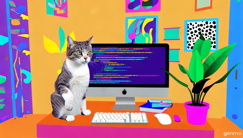 Cartoon style. Cat is programming