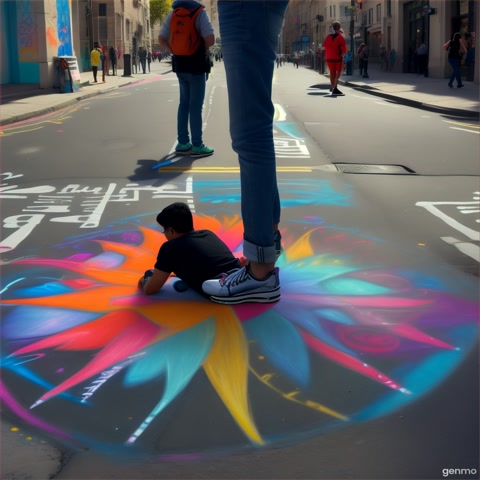 A time-lapse of a city street artist creating a chalk mural on the sidewalk. The camera shows the artwork coming to life.