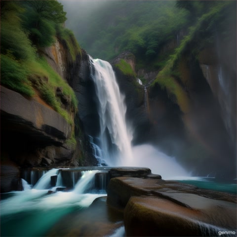 A slow pedestal shot descends from the top of a majestic waterfall, following the cascading water down to the misty, churning pool at its base. The camera captures the power and beauty of the natural wonder.