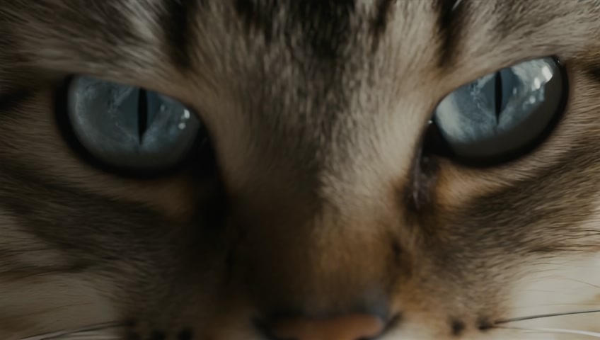 The camera zooms in on a cat's face, specifically its large, reflective eyes. The cat's pupils narrow in reaction to movement off-screen, and the subtle flick of its ears adds to its intense focus. The reflection in its eyes hints at what it's staring at.