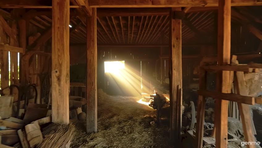The camera dollies through a rustic barn interior, shafts of sunlight illuminating dust motes in the air. It moves past weathered wooden beams and old farm equipment, showcasing the rich textures and history of the space