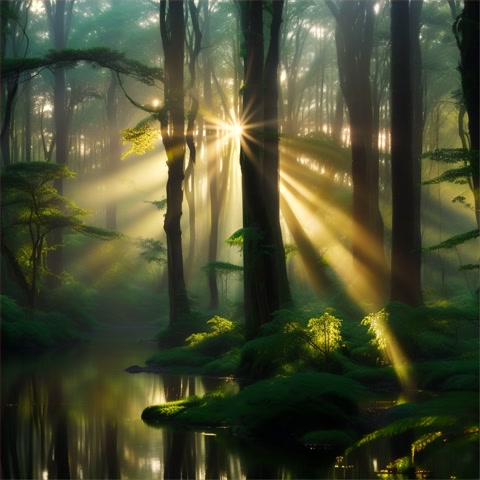 As the sun rises, its beams break through the dense forest canopy, casting a mystical light across the verdant landscape. The serene river babbles as it winds through this tranquil haven, reflecting the dappled sunlight. Ferns and foliage glisten with morning dew, and the whole scene embodies a peaceful harmony that can only be found in nature's embrace.