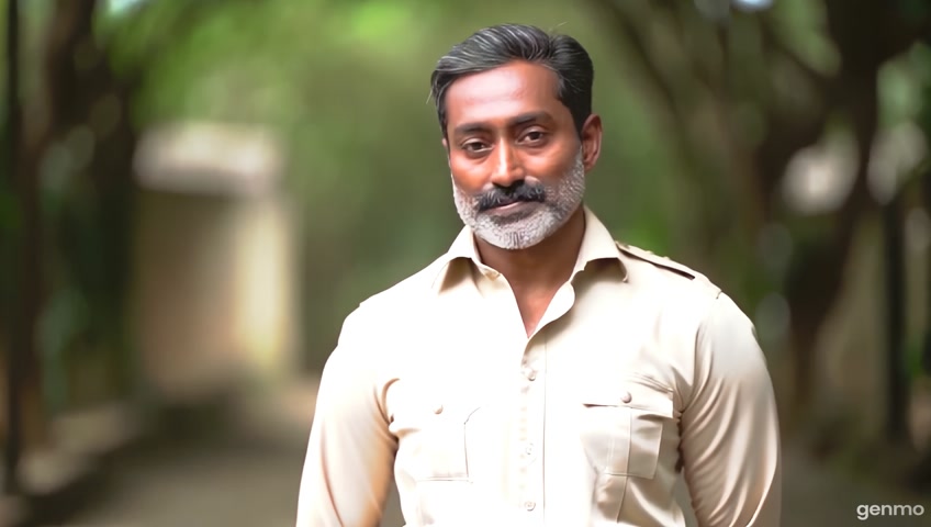 A 60-year-old retired Indian Army man with a perfect physique, medium brown skin, and a dignified presence. He has a neatly trimmed salt-and-pepper beard and mustache, and short, well-groomed hair. He is wearing a simple yet elegant pant-shirt outfit — light-colored shirt tucked into dark formal trousers with a brown leather belt. His posture is upright, exuding discipline and grace. He is standing outdoors in soft natural light, smiling warmly and looking directly at the camera, conveying confidence, peace, and humility. Background should be subtly blurred to keep focus on the person, perhaps a garden or park area. Realistic photographic style, high-resolution, with natural tones and detailed textures