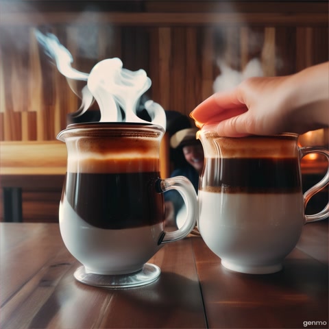 The sound of coffee

The camera focuses on the coffee cups, close-up. The couple raises their cups to toast each other.

 The woman says, "To a new morning and beautiful moments!"

They clink their cups and take a sip of coffee.