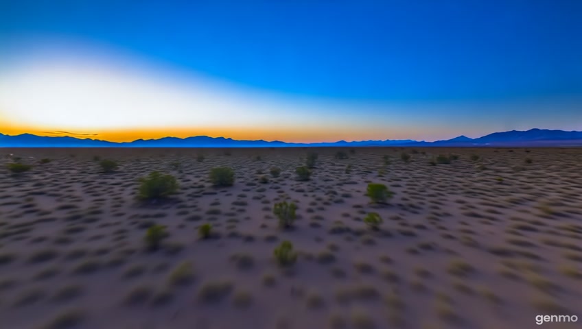 a time-lapse from daylight to nightfall, showing an aerial drone tracking shot of a desert landscape with scrubby vegetation and mountains on the distant horizon. The shot shows Highly realistic and high quality 4k resolution shot.
