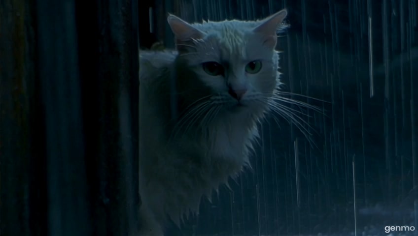 pregnant white cat is trapped behind a rusty metal fence in a narrow, dark alley. It's raining heavily, and her fur is wet and dirty. She looks exhausted, scared, and in pain.

Scene 2: A gray male tabby cat with green eyes runs through wet city streets, dodging cars and puddles. His fur is soaked, and he looks determined and anxious.

Scene 3: The male cat finds an old kind man wearing a yellow raincoat, holding an umbrella. The cat meows and tugs at his pants.

Scene 4: The man follows the cat and uses wire cutters to open the rusty fence. He gently picks up the pregnant cat and wraps her in a small blanket.

Scene 5: Inside a small vet clinic, warm lighting and soft towels. The pregnant cat lies on a table, the male cat sitting beside her, watching nervously.

Scene 6: The mother cat gives birth to a single kitten — white and gray fur, small and fluffy. Both parents nuzzle the kitten lovingly.

Scene 7: Outside, the rain stops. The family of cats looks out the window together. Soft sunlight shines on them, peaceful and emotional.