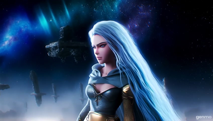 Hyper-realistic, ultra-detailed, vertical cinematic 3D artwork of Frieren from 'Frieren: Beyond Journey's End'. She stands still in three-quarter profile, subtly turned towards the camera. Her silver-blue hair flows naturally with delicate strands catching soft light. Her ancient mage cloak and intricate garments display exquisite fabric texture and fine weathering details. Her visible eye is filled with profound depth and quiet intelligence, reflecting lifetimes of experience, calculation, and detached introspection. The background is impossibly vast, with layered dimensionality: an ethereal landscape of floating ruins, drifting magical symbols, faintly glowing sigils, and a cosmic sky stretching infinitely into galaxies and shimmering stars. Wisps of fog weave through the terrain, glowing magical particles drift in the air, and subtle auroras ripple across the heavens. Only the background moves — slow, atmospheric, otherworldly — while Frieren remains completely still, grounded, unreadable, yet radiating immense power and ancient knowledge. Cinematic shallow depth-of-field, rich dynamic lighting, deep shadows, soft magical glows, and flawless 3D realism create an exquisite, hauntingly beautiful composition that captures both mystery and unmatched mage power