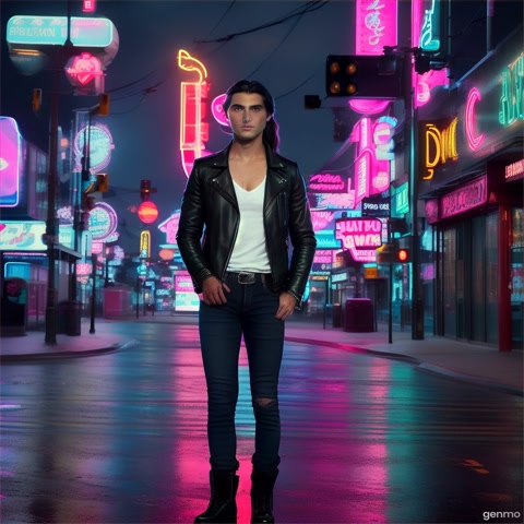 A young adult western man in his late 20s, with long dark hair tied in a low ponytail. He wears a black leather jacket with a glowing blue trim, dark jeans, and worn-out boots.  Wide cinematic view of him standing on a street corner, surrounded by glowing neon advertisements in pink, green, and cyan. Rain falls slowly. He looks up at the sky. His face reflects tension and wonder.