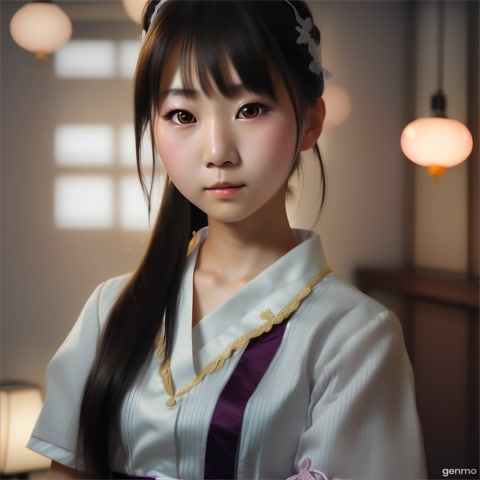 ein japanisches mädchen in einem maid outfit die in die kamera schaut mit einem neutralen gesichtsausdruck