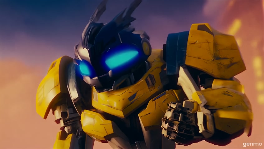 "A highly detailed and realistic image of Bumblebee, the yellow Autobot robot from Transformers. He has a sleek, futuristic robotic design with mechanical parts, glowing blue eyes, and yellow and black armor. The background is a dramatic sci-fi city at dusk with lights and smoke. Cinematic lighting, dynamic pose, heroic look, 4K resolution."