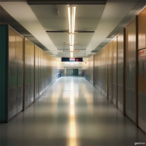 The camera dollies through an empty school hallway, passing rows of lockers and bulletin boards. It moves slowly, the flickering fluorescent lights and distant echoes creating an eerie, nostalgic atmosphere.
