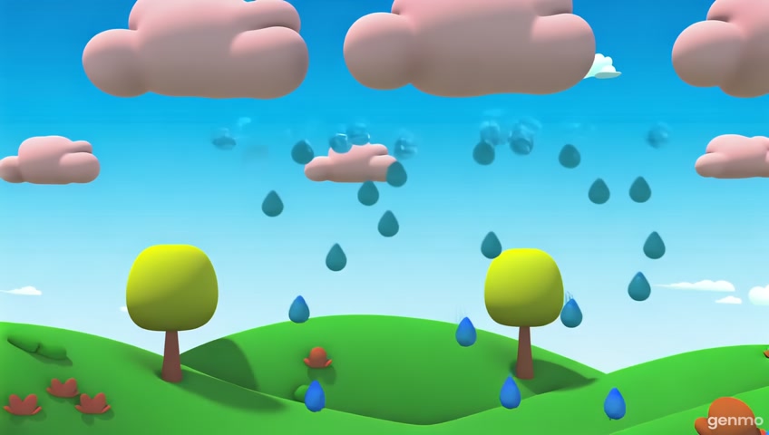 3d cartoon rain drops falling from cartoon clouds