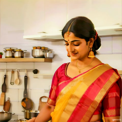 A realistic scene of an Indian woman in a traditional saree, cooking in a modern kitchen. She is holding a specific pan with a unique design, ensuring the pan's details are accurately depicted. The kitchen is well-lit, showcasing typical Indian kitchen elements like spices, utensils, and a gas stove, pan shuld be stay on gas stove, then fry chiken on the pan-[reel size]