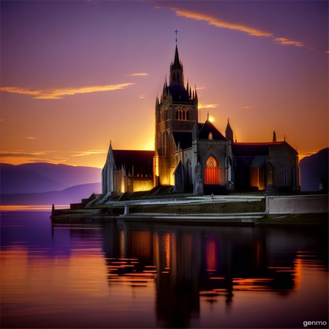Medieval church sinking in the water of a dam in a sunset. dark ambient style, cinematic some mysterious shadows appear.