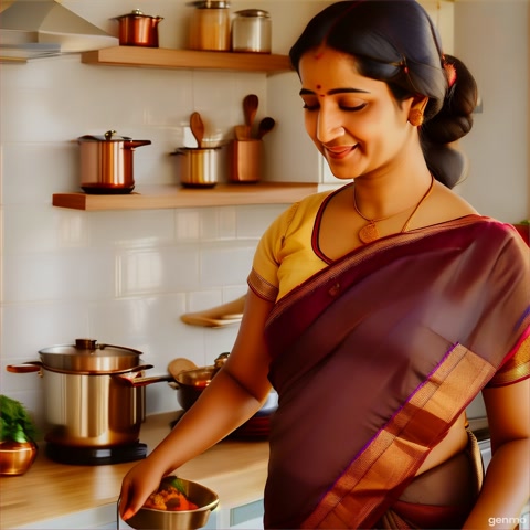A realistic scene of an Indian woman in a traditional saree, cooking in a modern kitchen. She is holding a specific pan with a unique design, ensuring the pan's details are accurately depicted. The kitchen is well-lit, showcasing typical Indian kitchen elements like spices, utensils, and a gas stove, pan shuld be stay on gas stove, then fry chiken on the pan-[reel size]
