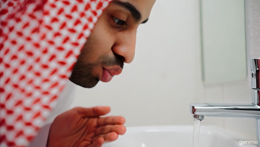 A hyper-realistic image of a Saudi man in his 30s, wearing a traditional white thobe and red shemagh, standing in front of a modern white bathroom sink. His mouth is fully closed, with slightly puffed cheeks, indicating he is rinsing his mouth with water. No water is dripping. He stands calmly facing the mirror. The sink is clean and minimal, with soft daylight highlighting the scene. The environment is realistic, clean, and neutral.