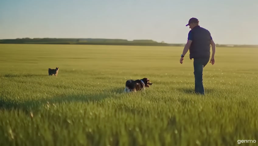 A man walking through a field of grass with a dog see it from far away and cat is seeing the dog