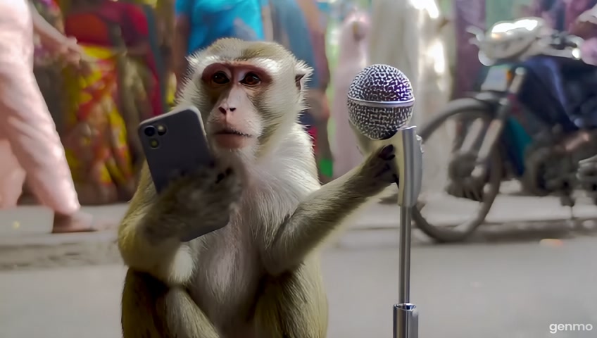 A monkey takes a selfie with a microphone on an Indian street
