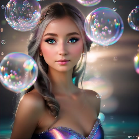 A graceful fairy-like young woman in a magical, bubble-filled environment. She has no wings and stands quietly, gazing softly at the floating bubbles around her. The bubbles reflect light and have iridescent, rainbow-like edges. The atmosphere is dreamy, peaceful, and luminous.