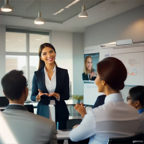 A beautiful professional saleswoman presenting and explaining her product with confidence and enthusiasm. She is smiling, making eye contact, and using hand gestures while speaking.