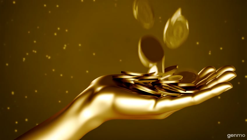 create a video with a golden hand receiving gold coins with background of gold sparkles