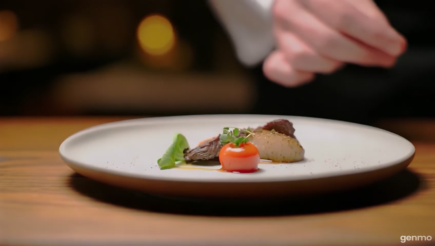 Ultra-realistic short looping video clip (3-5 seconds) of a chef’s hands plating a gourmet dish with artistic presentation on a wooden table. Focus on elegant plating details, fine ingredients, and beautiful textures. Warm ambient lighting, soft shadows, and shallow depth of field. Editorial luxury food styling, cinematic look. No visible faces.
Aspect ratio: 4:3 or 1:1
Loop-friendly.
Resolution: at least 800x600 px