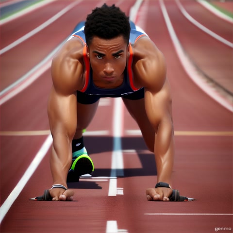 A dynamic shot of a track runner bursting off the starting blocks. The camera captures the power and determination.