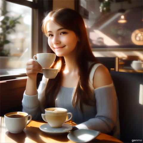 A young woman sitting in a cozy café, calmly enjoying a cup of hot tea. She appears relaxed and peaceful, with soft sunlight streaming through the window. The atmosphere is warm and inviting, with a gentle, everyday charm.