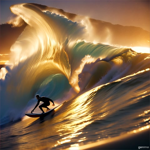 A slow-motion shot of a surfer riding a massive wave as the sun sets, casting golden hues over the ocean. The camera focuses on the surfer's silhouette against the towering wave, capturing the thrill and beauty of the moment.