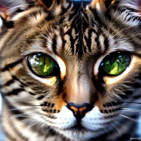 The camera zooms in on a cat's face, specifically its large, reflective eyes. The cat's pupils narrow in reaction to movement off-screen, and the subtle flick of its ears adds to its intense focus. The reflection in its eyes hints at what it's staring at.