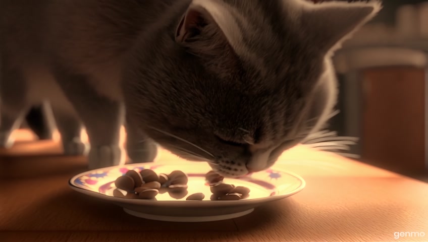 i want to see a cat eating food form a table and then truns into a catbird creature and flies ayway thru the window