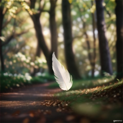 A slow-motion shot of a feather falling gently to the ground in a forest. The camera follows its descent, emphasizing peace.