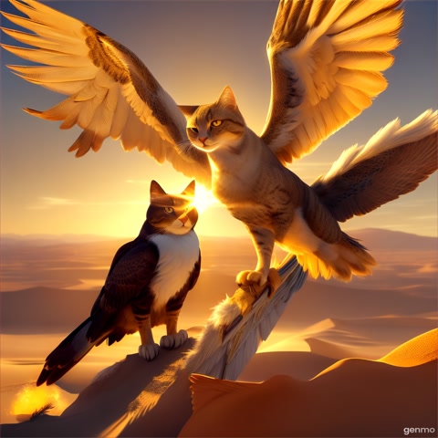 A brave cartoon cat holding a glowing staff sits on a giant eagle flying low over a desert during sunset. The background music is heroic and emotional. The scene is dramatic, with golden light and sand waves.