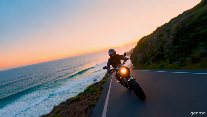 A dynamic shot of a motorcyclist riding along a coastal highway with the ocean on one side. The camera follows the journey, capturing freedom and adventure